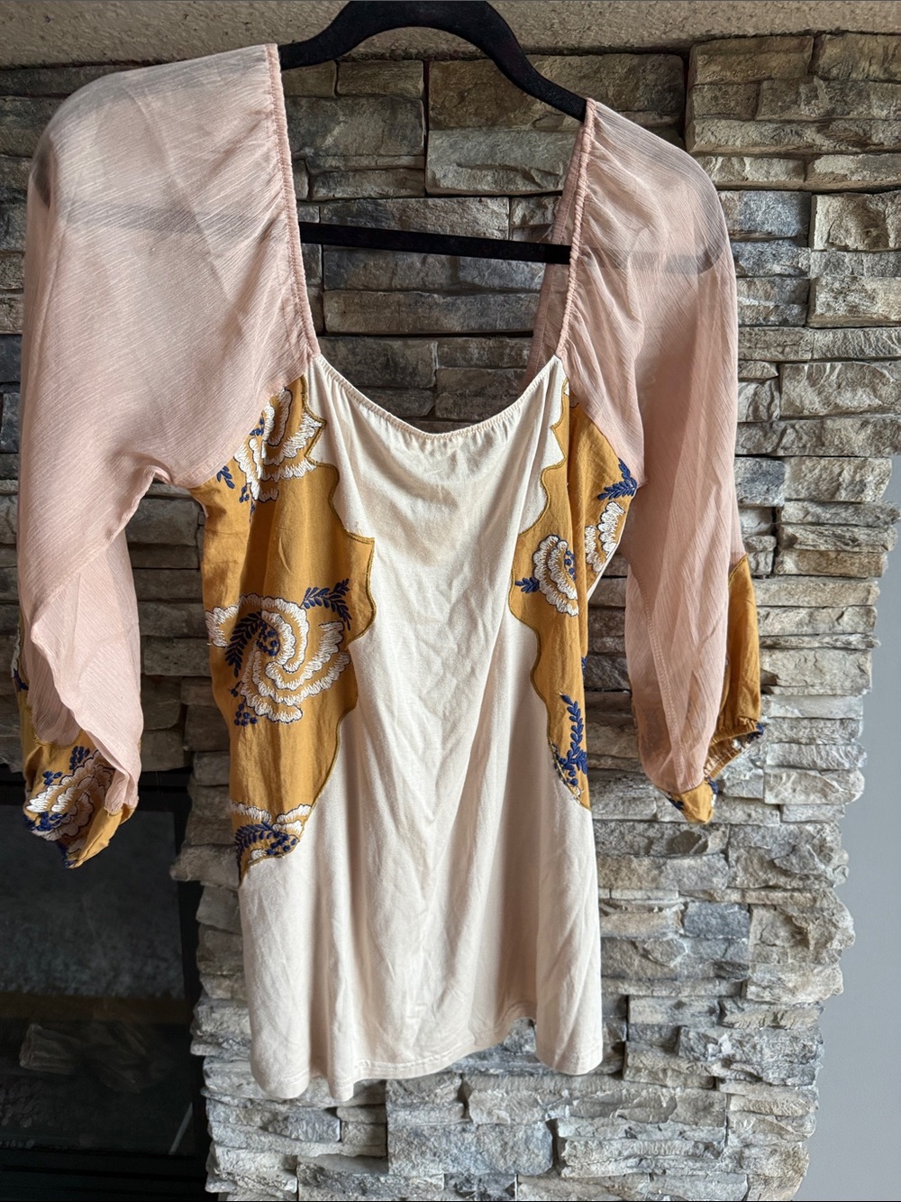gimmicks by BKE Embroidered Mixed-Media Tunic in Blush, Cream & Mustard